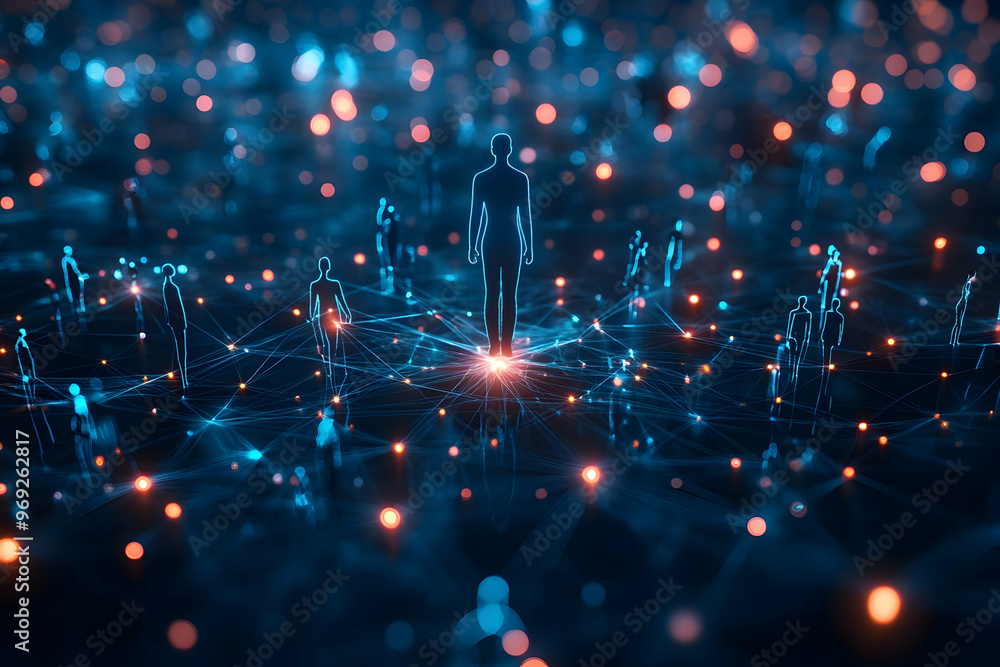 Poster digital network representing human connection and technology with glowing nodes and silhouettes, sym