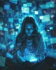 a young woman sitting in a dark room, surrounded by multiple screens emitting a blue glow