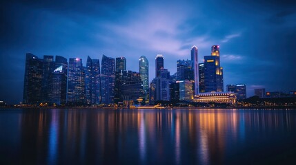 Naklejka premium A nighttime city skyline reflecting on water, showcasing modern architecture and urban beauty.