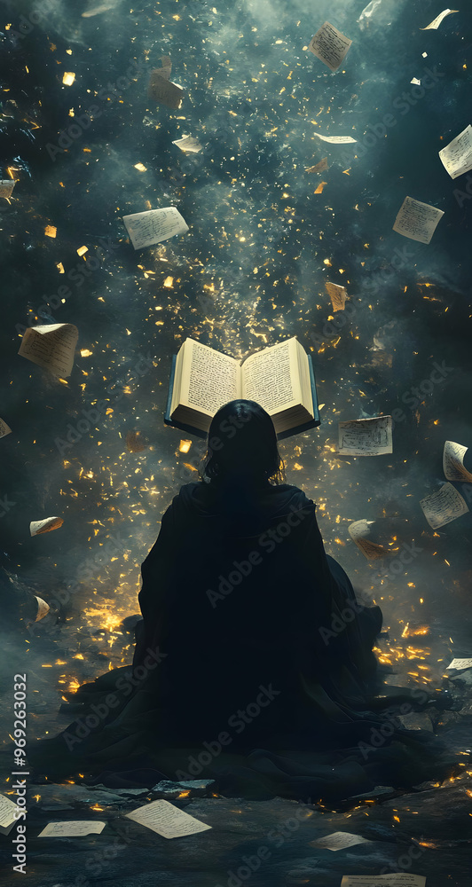 Poster a mystical scene of a figure in cloak, surrounded by floating books and an open book, evoking magic 