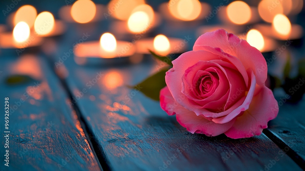 Wall mural A beautiful pink rose rests on a wooden surface. Soft candlelight glows softly in the background. This image captures love and romance. Perfect for various occasions. AI