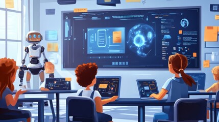 Smart education systems using AI to adapt lessons to each students learning style: A classroom where AI personalizes lessons for every student.