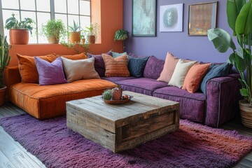 Obraz premium Cozy living room with colorful couches and a wooden coffee table.