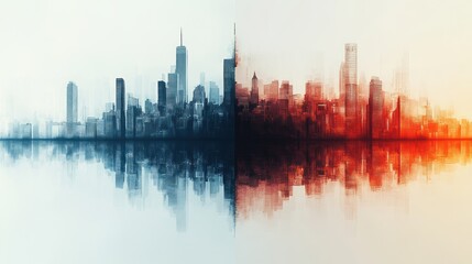 Obraz premium A striking visual representation of a city divided by economic policies illustrated through contrasting colors and reflections in a serene landscape.