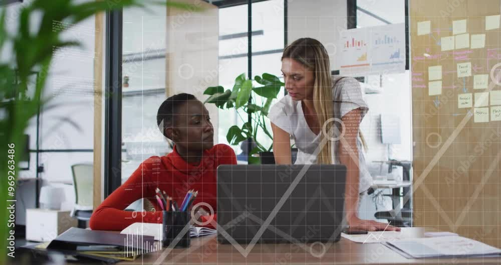 Poster animation of data processing and diagrams over diverse female colleagues discussing work in office
