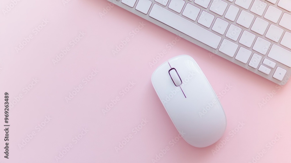 Poster a white computer mouse and keyboard on a soft pink background, ideal for tech workspace aesthetics.