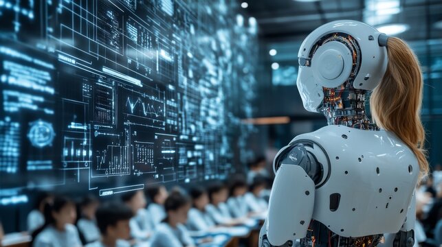 Smart education systems using AI to adapt lessons to each students learning style: A classroom where AI personalizes lessons for every student.