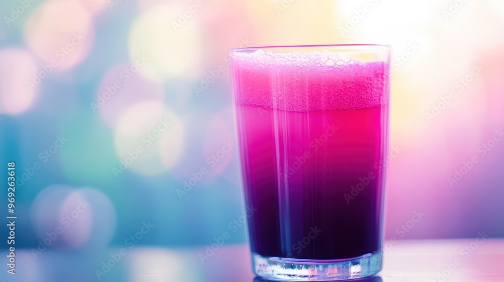 Poster A vibrant glass of layered juice with a frothy top, set against a colorful background.