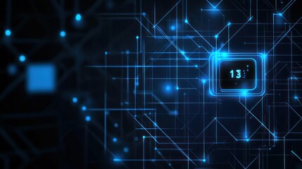 A digital circuit design featuring a glowing microchip and interconnected lines.