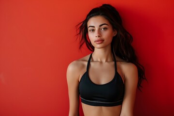 Obraz premium Woman Model Confident Stance Workout Clothes, Plain Red Background, Portrait Shot, Full Body Shot, Active Lifestyle
