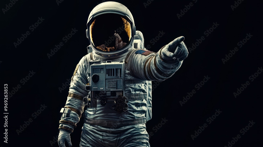 Poster an astronaut in a spacesuit points toward the viewer against a dark background.