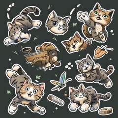 A sticker sheet with cats in various playful poses