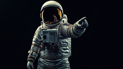 An astronaut in a spacesuit points toward the viewer against a dark background.