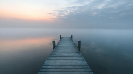 Fototapeta premium A serene wooden dock extends into a misty lake at dawn, creating a tranquil atmosphere.