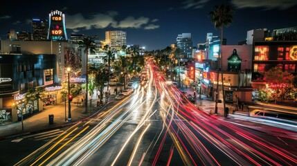 Obraz premium Nighttime cityscape with light trails from vehicles on a vibrant street.
