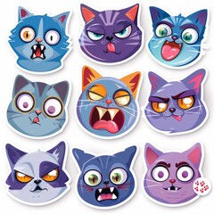 A sticker sheet showcasing cats with different facial expressions