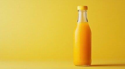 A glass bottle filled with vibrant orange juice against a yellow background.