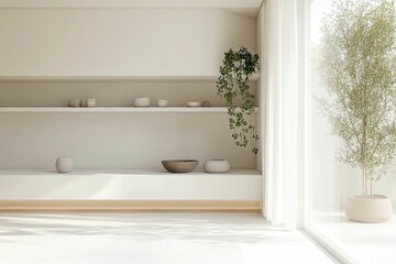 Fototapeta premium Minimalist interior with shelves, plants, and natural light.