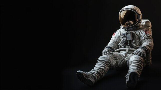 A solitary astronaut in a spacesuit, seated against a dark background.