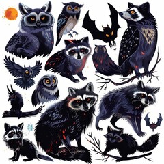 A sticker sheet featuring nocturnal animals like owls, bats, raccoons, and wolves