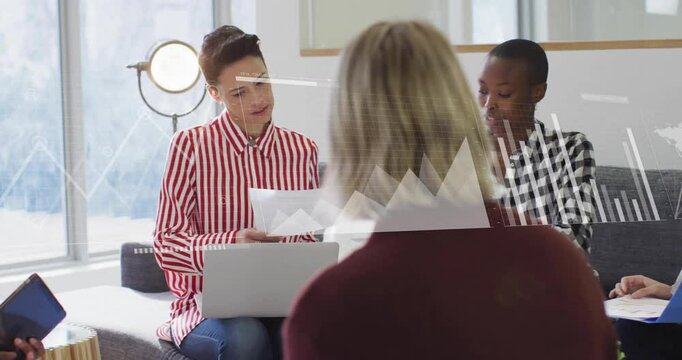 Animation of data processing and diagrams over diverse colleagues discussing work in office