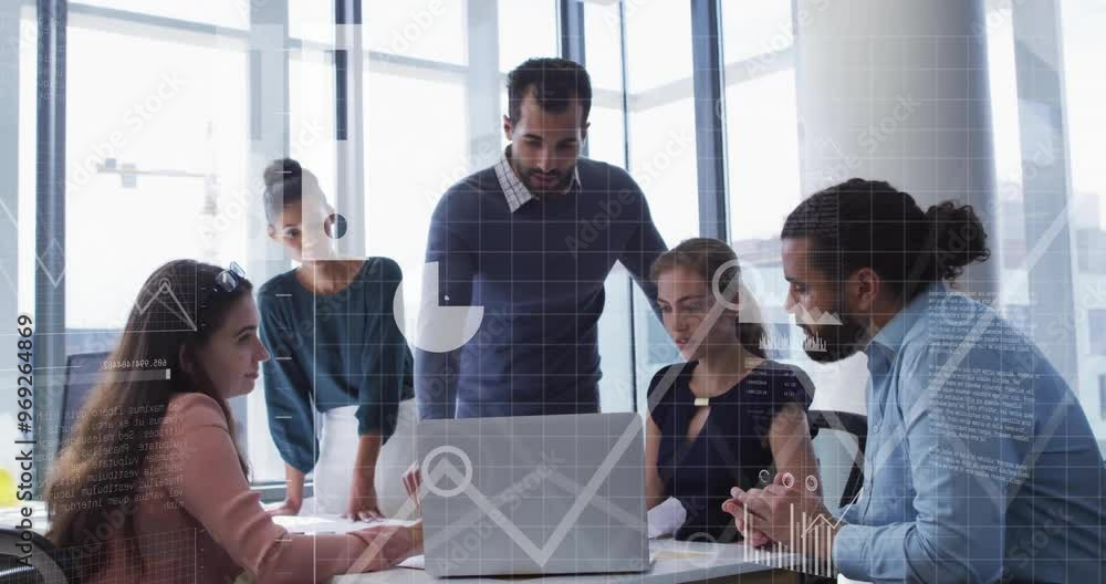 Poster animation of data processing and diagrams over diverse colleagues discussing work in office