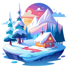 Naklejka premium A cozy, snow-covered cabin nestled on a snowy landscape, surrounded by tall evergreen trees and majestic mountains under a colorful sunset.