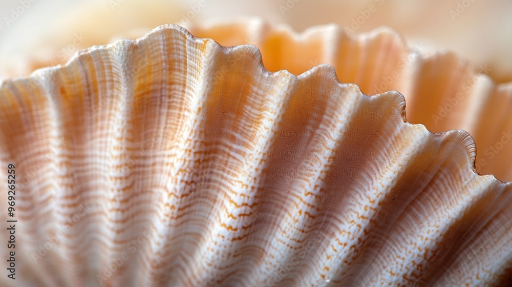 Poster close-up of a beautifully textured seashell with delicate ridges and a soft color palette.