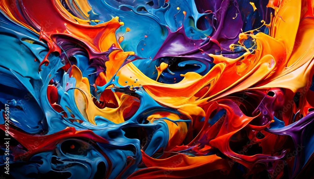 Poster an energetic display of vibrant colors splashing and swirling together in an abstract form. the dyna