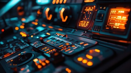 Obraz premium A futuristic control panel with glowing buttons and screens, designed for advanced technology.