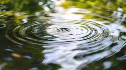 A serene water surface with ripples reflecting light and greenery.