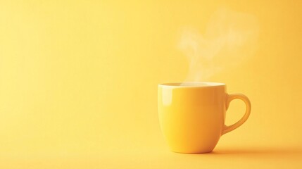 A steaming yellow mug on a bright yellow background, suggesting warmth and comfort.
