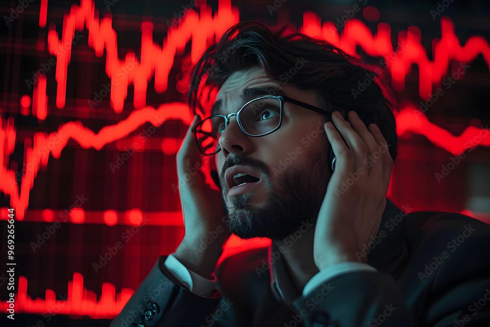 Poster stock trader reacts with panic to a market crash. red stock charts displaying a financial downturn