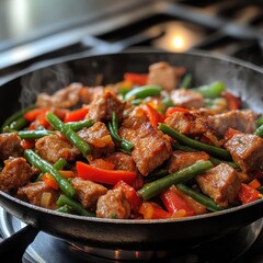 Steaming Hot Crispy Pork Thai Stir-Fry with Vegetables in Traditional Skillet