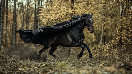 Fototapeta premium A majestic horse in a flowing cape gallops through autumn woods.