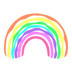 A stylized rainbow with vibrant, curved stripes in orange, yellow, green, blue, pink, and purple against a white background.