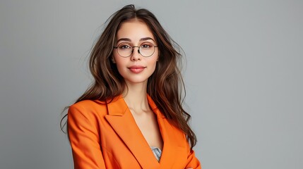 Obraz premium Young Businesswoman in Orange Suit and Glasses, Isolated Background, Business Theme, Professional Attire,