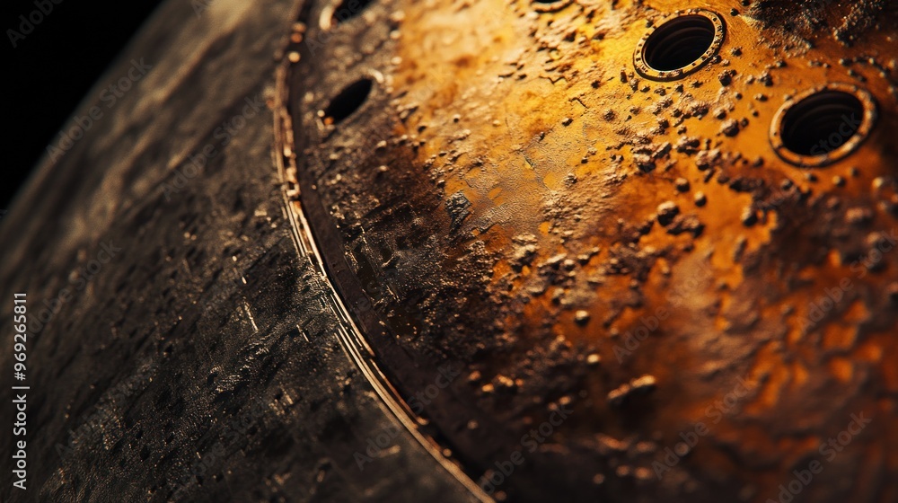 Poster close-up of a textured, metallic surface with circular openings, possibly from a spacecraft.