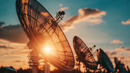 Satellite dishes silhouetted against a vibrant sunset sky.