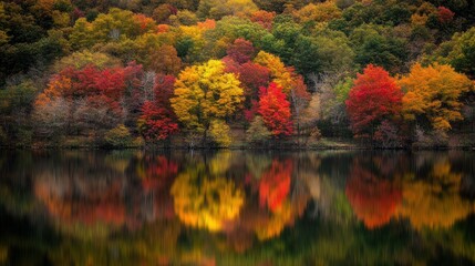 Fototapeta premium A serene autumn landscape reflecting vibrant foliage on calm water.
