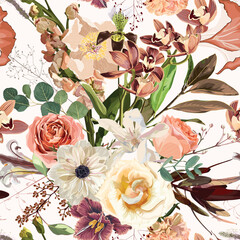 Vintage luxury seamless pattern with detailed hand drawn flowers - blooming magnolia, roses, eucalyptus and herbs. Autumn brown colors.
