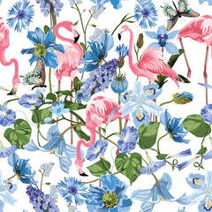 Pink flamingo and exotic blue flowers, white background. Floral seamless pattern. Tropical illustration. Exotic plants, birds. Summer beach design. Paradise nature. © Iuliia