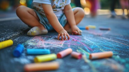 Obraz premium A child drawing colorful chalk art on pavement, surrounded by chalk pieces.