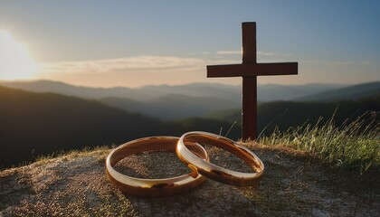 Gold Wedding Rigs with Wooden Cross on a hill of mountain. 