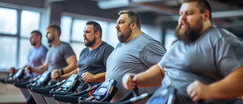 A group of overweight men exercising in a gym class 