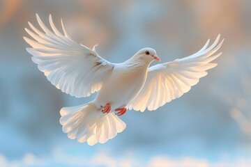 Obraz premium serene white dove in flight graceful bird with wings fully extended soft feather detail blue sky background symbol of peace and hope