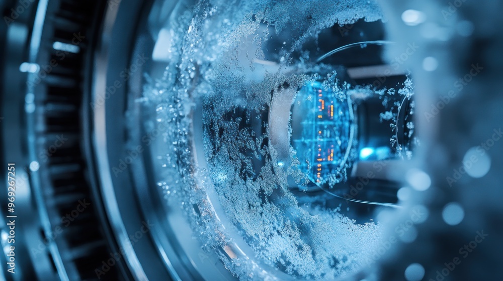 Aufkleber close-up of a futuristic machine component with bubbles and glowing elements.