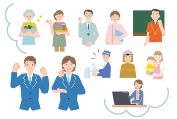 Fototapeta premium 将来の夢・希望の職業を考える制服姿の学生といろんな職業の人物のイラストセット