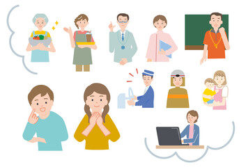 将来の夢・希望の職業を考える男女の子どもといろんな職業の人物のイラストセット