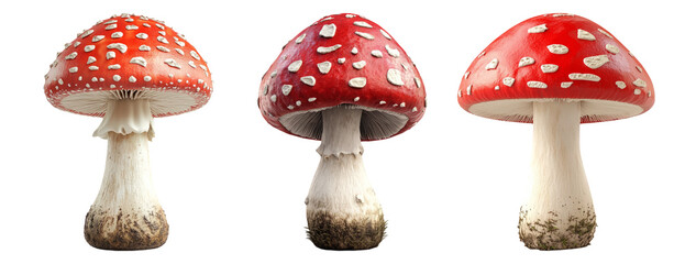 Three red mushrooms with white spots on transparent background
